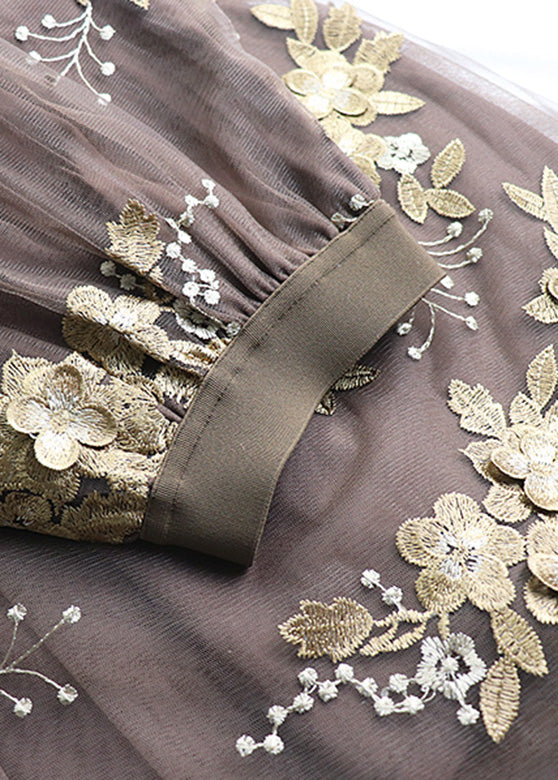 Chocolate Embroideried High Waist Tulle a Line Skirt Spring