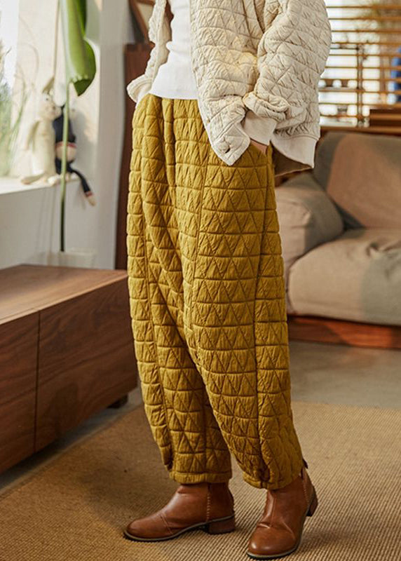 Simple Yellow Elastic Waist Cotton Filled Pants Winter