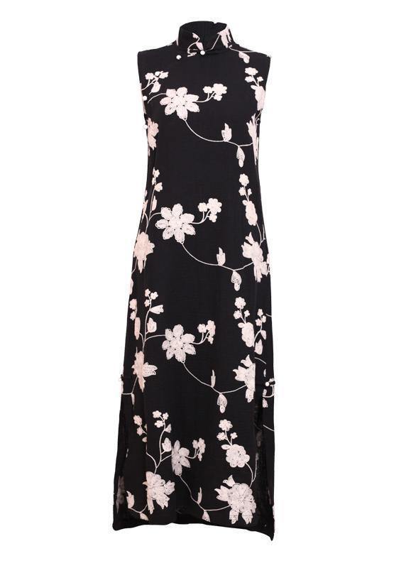 Black Print Cotton Clothes Stand Collar Side Open Cotton Robes Dresses