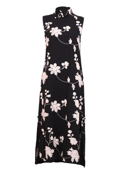Black Print Cotton Clothes Stand Collar Side Open Cotton Robes Dresses