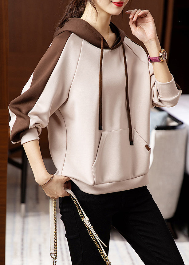 Apricot Hooded Pockets Patchwork Cotton Sweatshirt Fall