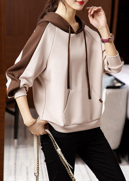 Apricot Hooded Pockets Patchwork Cotton Sweatshirt Fall