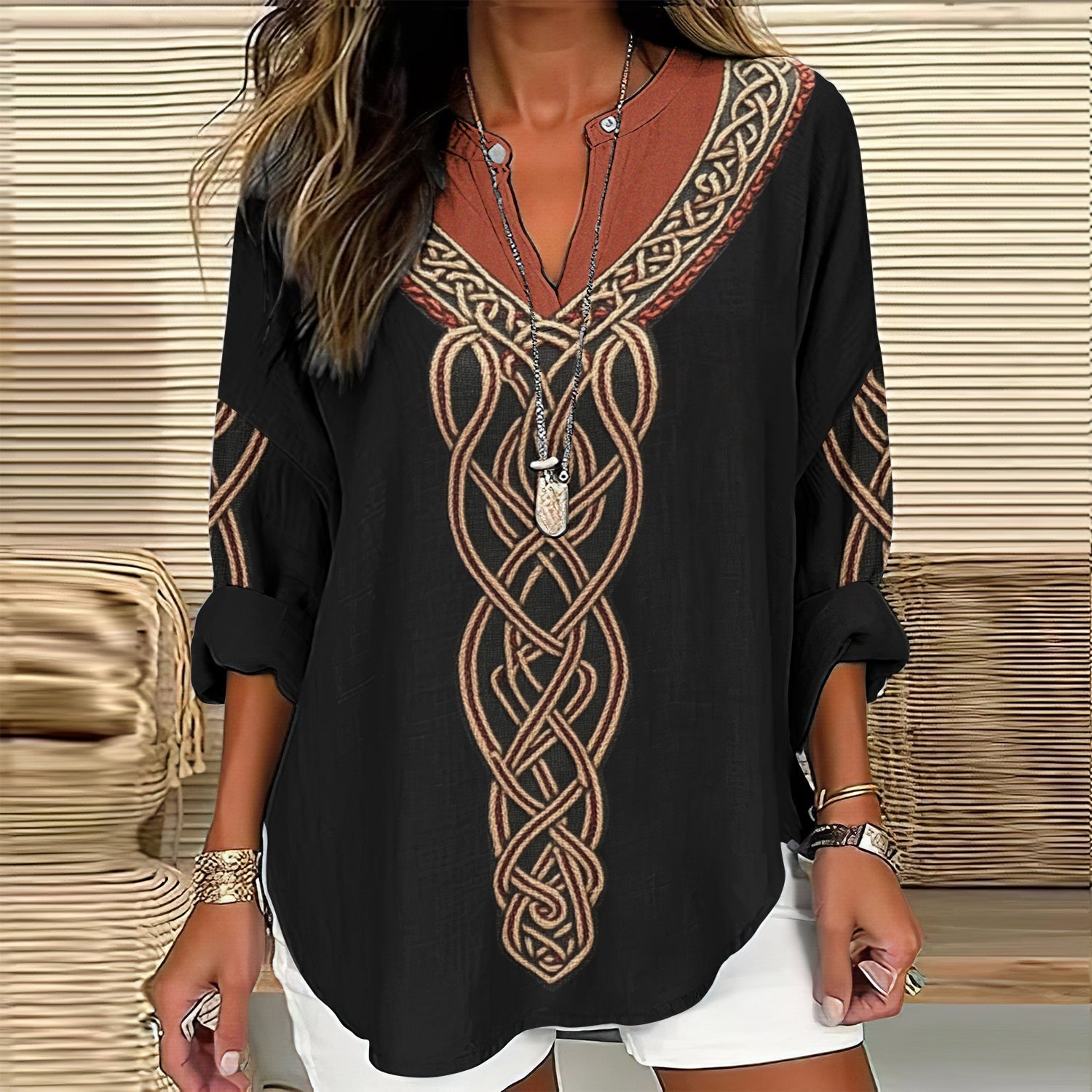 Women's Viking Celtic Knot Art  Linen Print Casual Shirt elevenforest