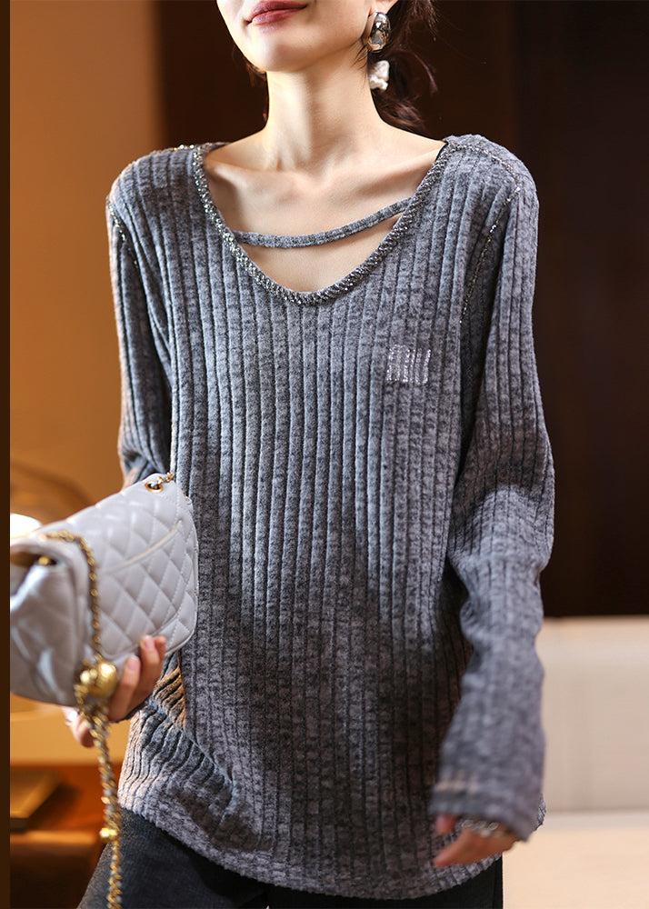 Coffee V Neck Nail Bead Patchwork Knit Top Spring