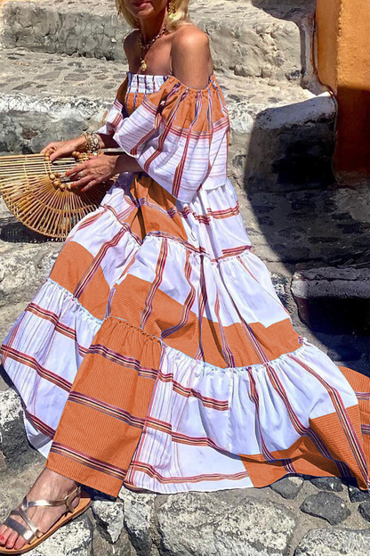 Print Patchwork Off the Shoulder Cake Dresses(3 Colors)