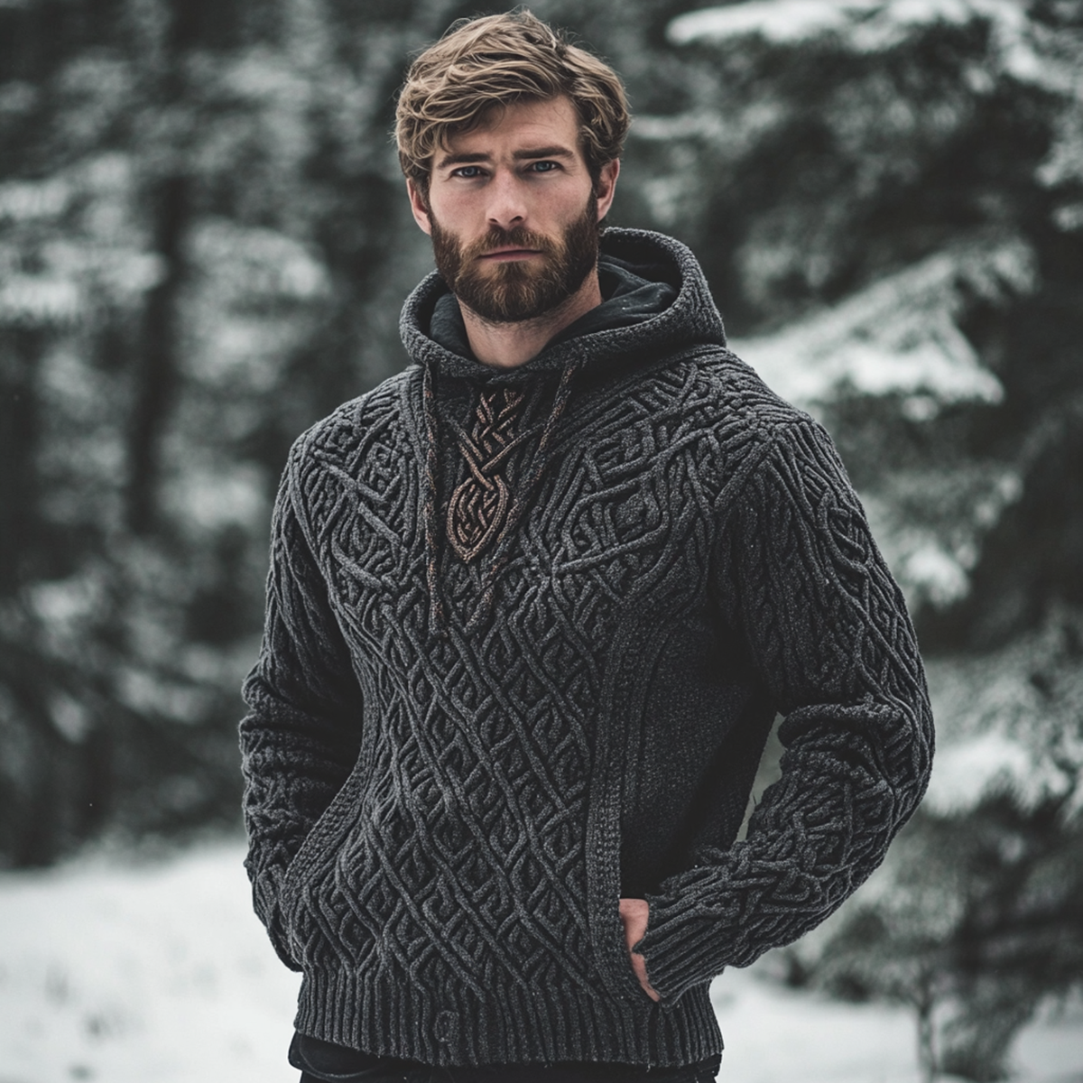 Men's Vintage Viking Inspired Celtic Jacquard Hooded Sweater elevenforest