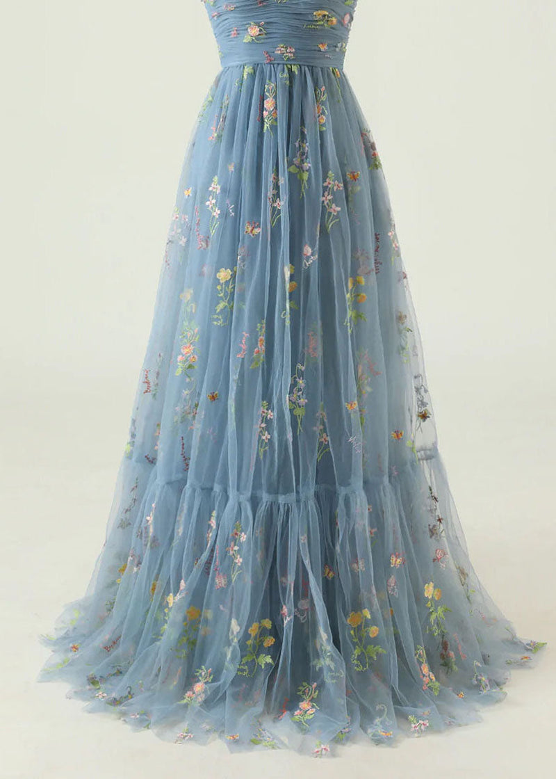 Boutique Blue Embroidered Lace Up Tulle Long Dresses Summer