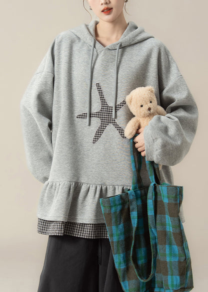 Dark Grey False Two Pieces Patchwork Hooded Cotton Sweatshirts Fall