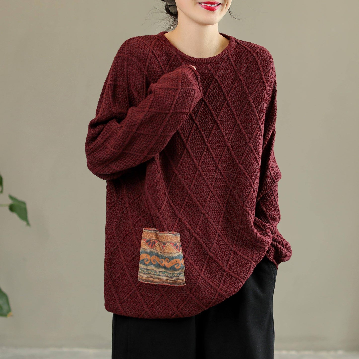 Retro Rhombus Patchwork Cotton Loose Sweater