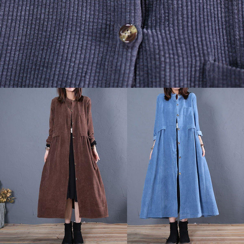 Corduroy Blended Light Blue O Neck Pockets Coat for Woman