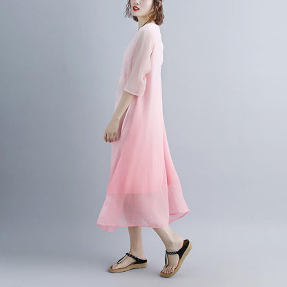 Fine Cotton Dresses Fake Two-piece Pockets Retro Pink Summer Dress