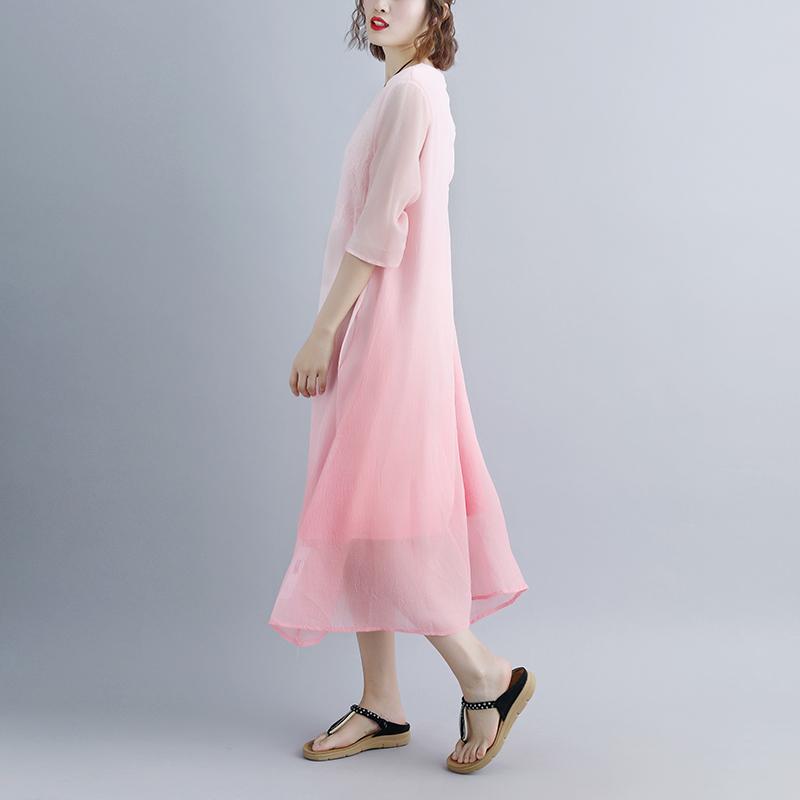 Fine Cotton Dresses Fake Two-piece Pockets Retro Pink Summer Dress