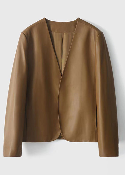 Brown V Neck Patchwork Sheepskin Coats Fall