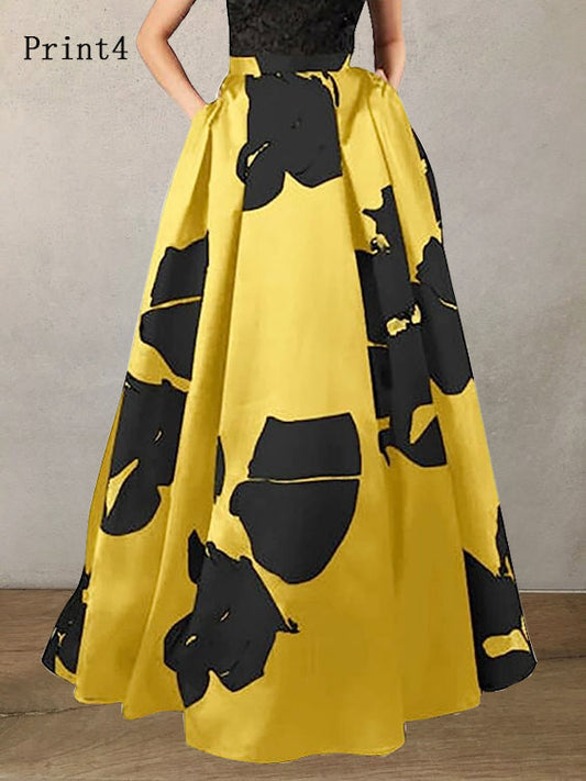 Yellow -black Print High Waist Pockets Print Cotton a Line Skirt Summer