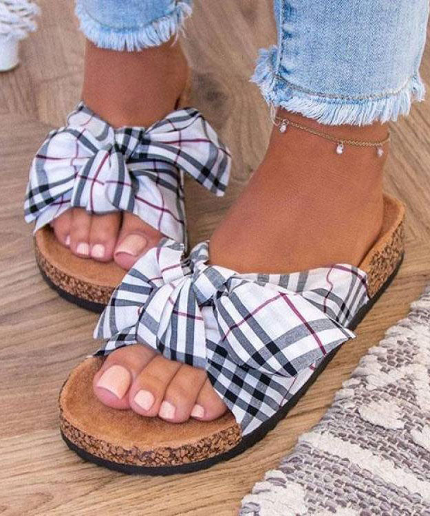 Khaki Beach Slide Sandals Splicing Bow Canvas