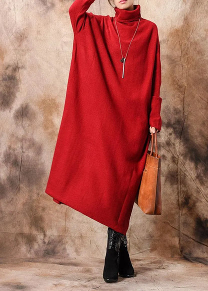 Pullover High Neck Sweater Dresses Red Hipster Knitted Tops Fall