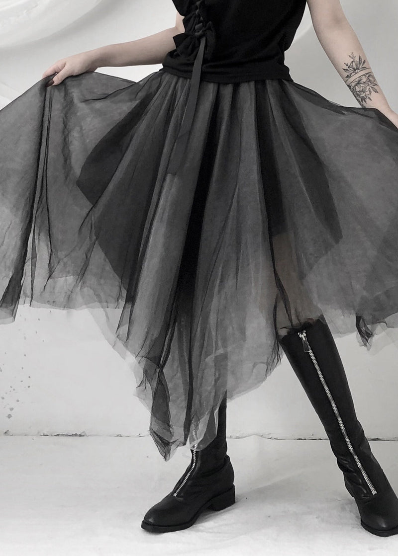Black Asymmetrical Layered Tulle Maxi Skirt