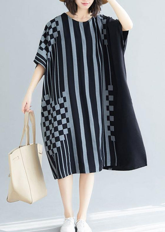 French Black Striped Cotton Dresses O Neck Asymmetric Art Summer Dress