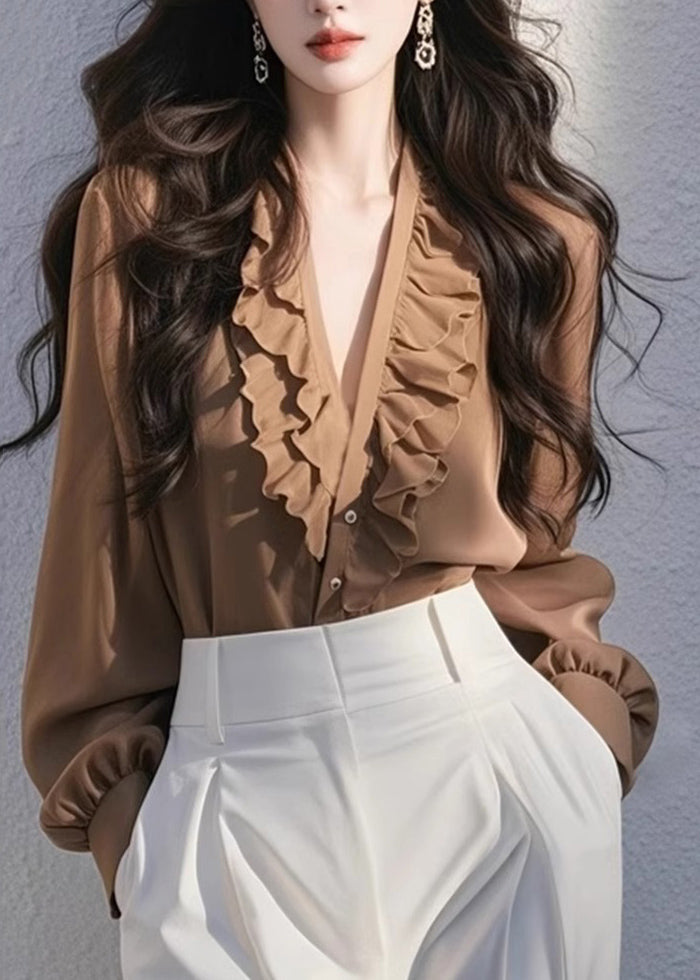 Coffee V Neck Ruffled Top Fall