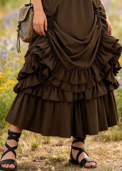 Brown Drawstring Ruffled Patchwork Cotton Skirt Spring