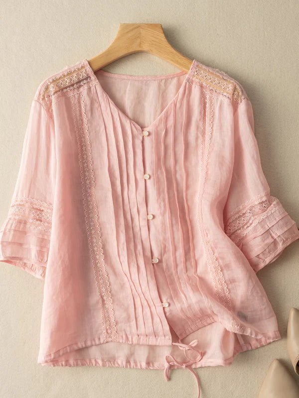 Pure Color V Neck 3/4 Sleeve Linen Top