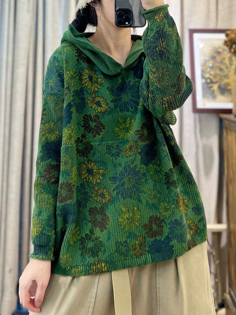 Autumn Cotton Print Hooded Loose Sweater