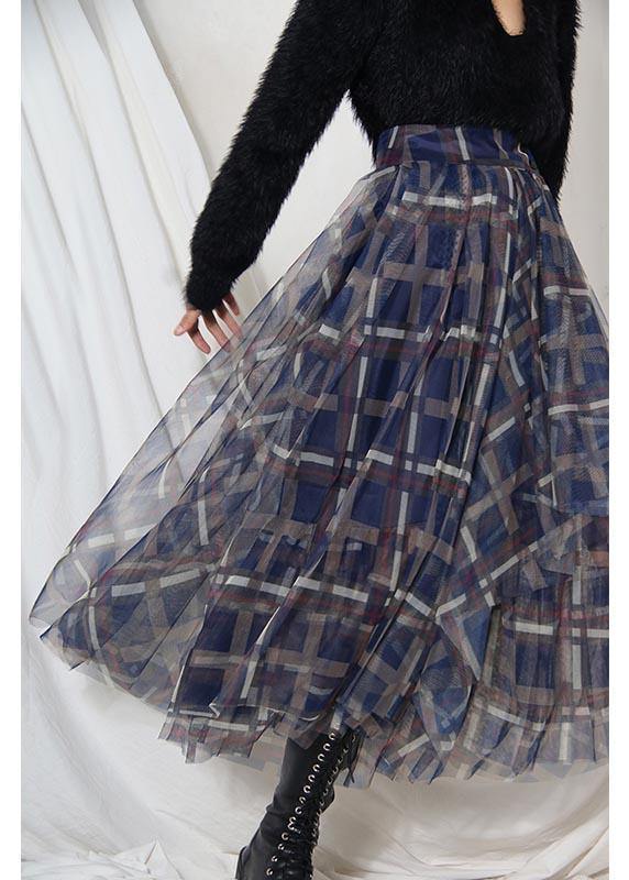 Blue Plaid Zippered a Line Skirt Summer