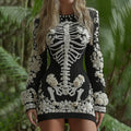 Women's Hot Sexy Style Halloween Skeleton Bones With White Rose Art Cozy Knit Mini Sweater Dress elevenforest