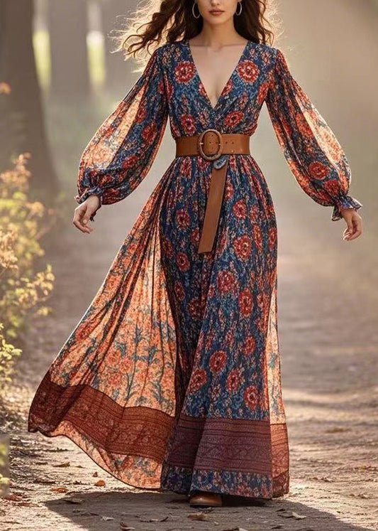 Red Patchwork Tunic Chiffon Long Dress Lantern Sleeve