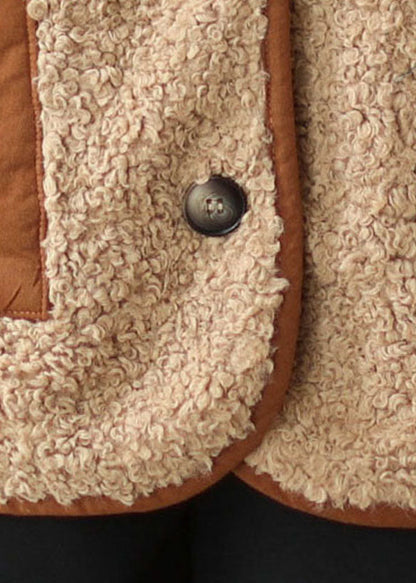 Khaki V Neck Patchwork Pockets Teddy Faux Fur Vest Tops Winter