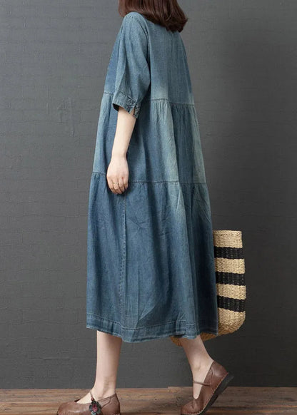 Denim Blue V Neck Patchwork Dresses Half Sleeve