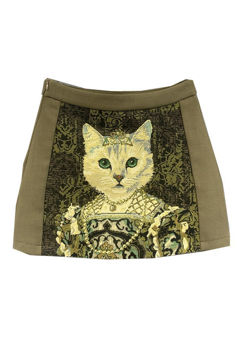 Versatile Coffee Animal Embroidered Cotton Skirts Autumn