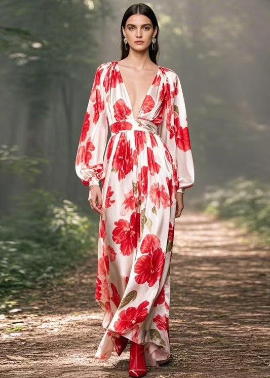 Italian V Neck Print Wrinkled Silk Dresses Spring