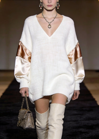 White V Neck Silk Patchwork Mini Dresses Spring