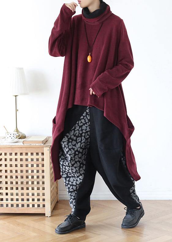 High Neck Red Knit Sweat Tops Clothing Asymmetric Hem Knit Blouse