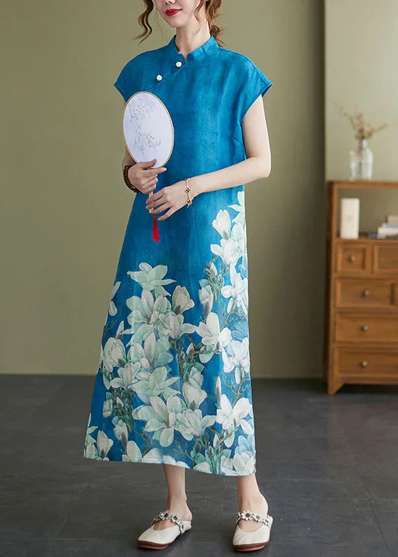 Blue Mandarin Collar Print Side Open Cheongsam Dresses Short Sleeve