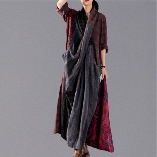 New Red Plaid Oversize V Neck Patchwork Linen Clothing Dress Pockets Asymmetrical Design Caftans