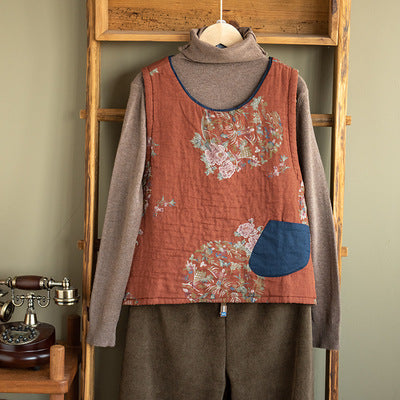 -print Cotton and Linen Quilted Vest