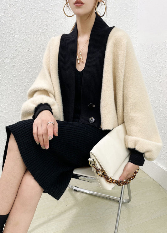 Beige Mink Hair Knitted Coats and Knitted Long Dress Two Pieces Set Winter