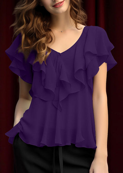 Grey Ruffled Patchwork Chiffon Blouses Summer