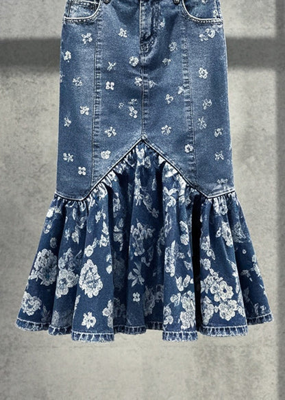 Blue Print Silm Fit Denim Wraped Skirts Fall
