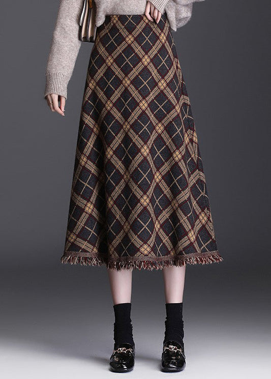 Brown Tasseled Plaid Knit Skirts Winter