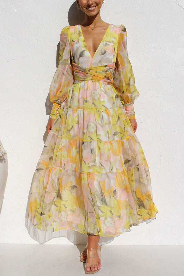 Yellow Olena Abstract Balloon Sleeves Maxi Dress