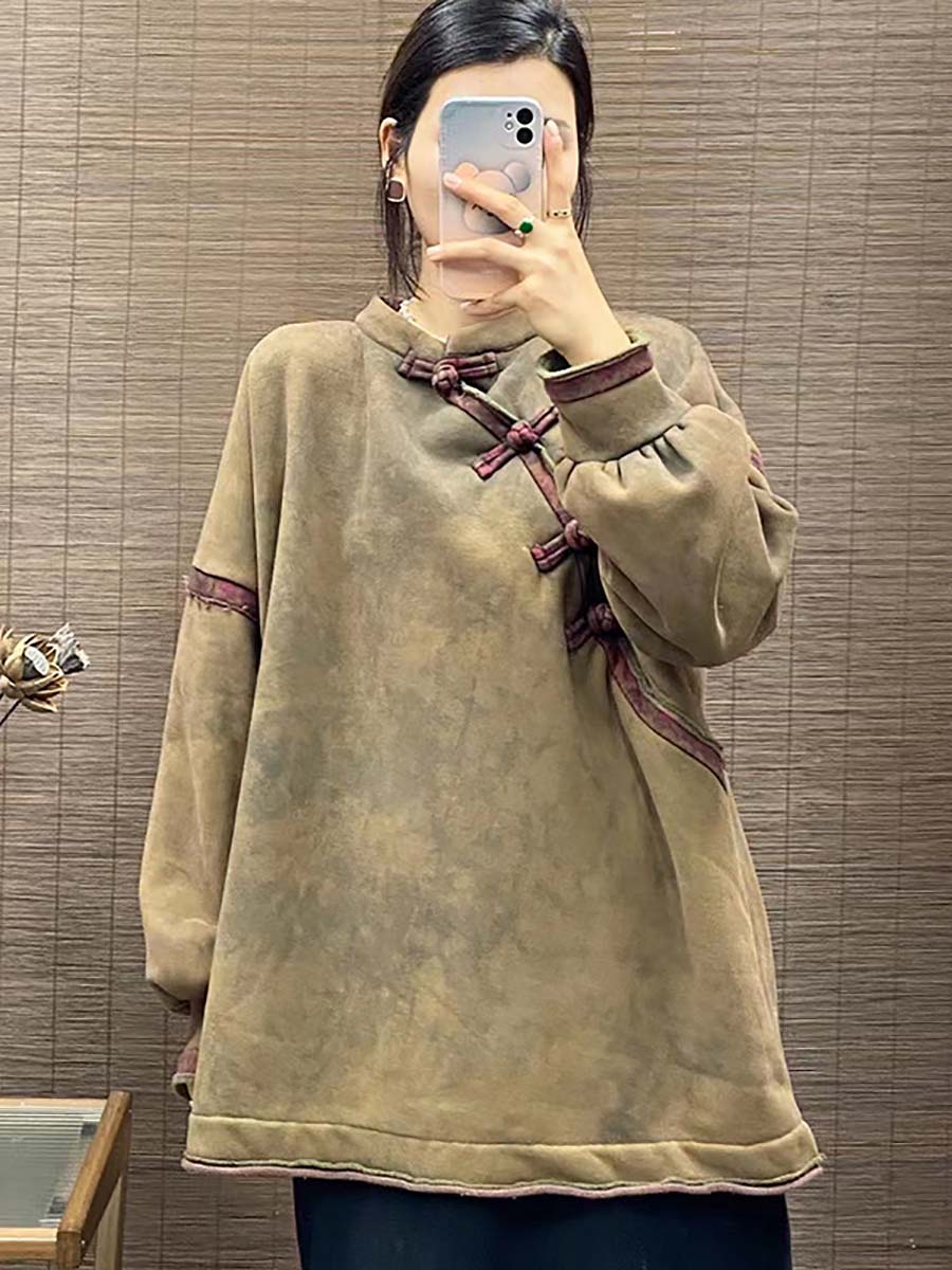 Chinese Button Worn Thick Sweatshirt