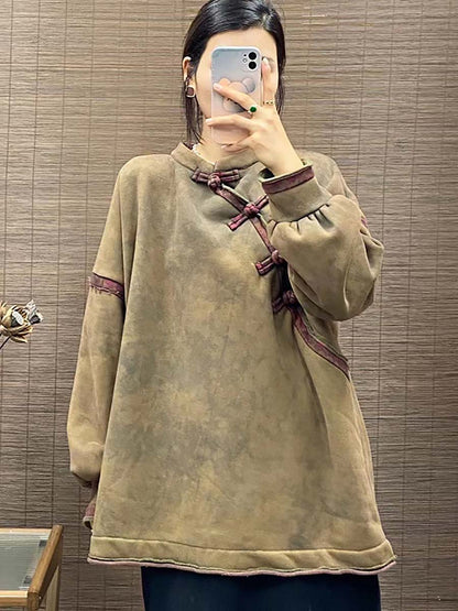 Chinese Button Worn Thick Sweatshirt