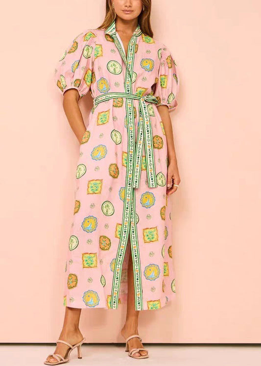 Pink Print Tie Waist Cotton Blouses Dresses Half Sleeve