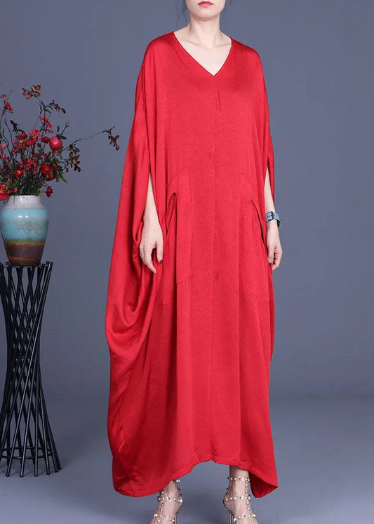 Red Bat Wing Sleeve Silk Maxi Dress V Neck