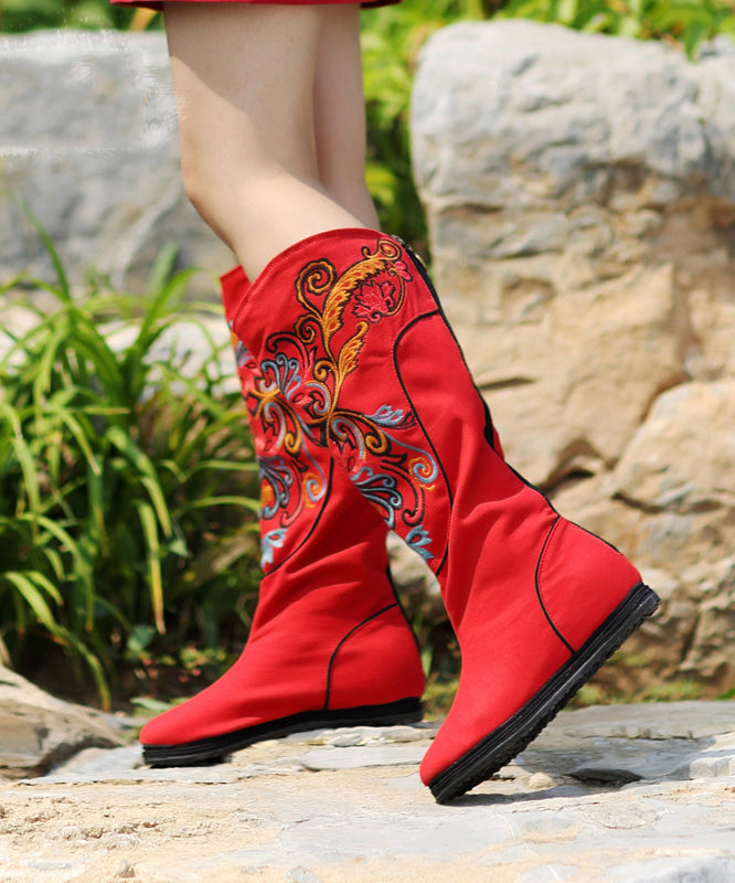 Red Wedge Boots Embroideried Comfy Cotton Fabric Zippered Splicing Boots