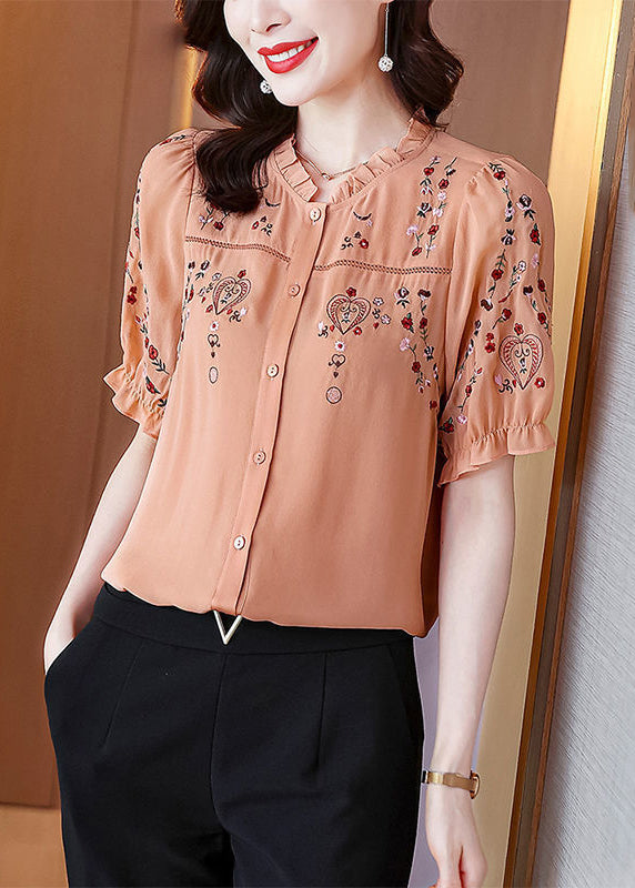 Pink Ruffled Embroidered Silk Shirt Summer