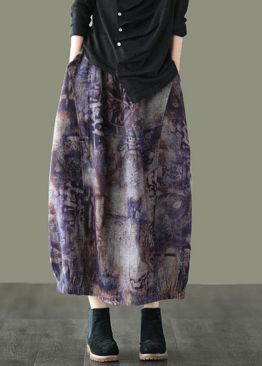 Grey Purple Retro Print a Line Pockets Fall Skirts